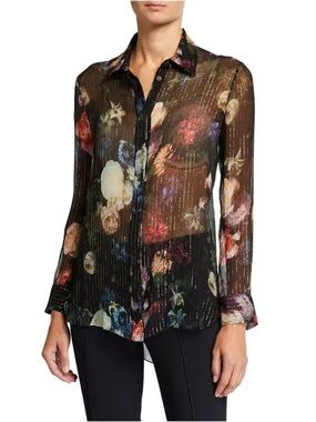 Adam Lippes Silk Chiffon Floral Print Top with Metallic Stripes. Size 8